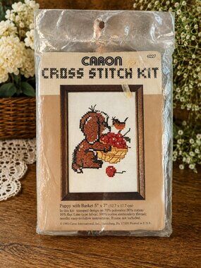 Vintage 1981 Caron Cross Stitch Kit 6227 Puppy Basket 5x7 Sealed NOS